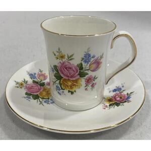 Rosina English Bone China Demitasse Teacup and Saucer Pink Blue Floral Flaw